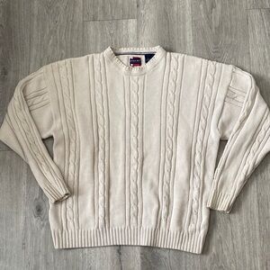 Bugle Boy Vintage Cream Cable Knit Crewneck Sweater - Men Large
